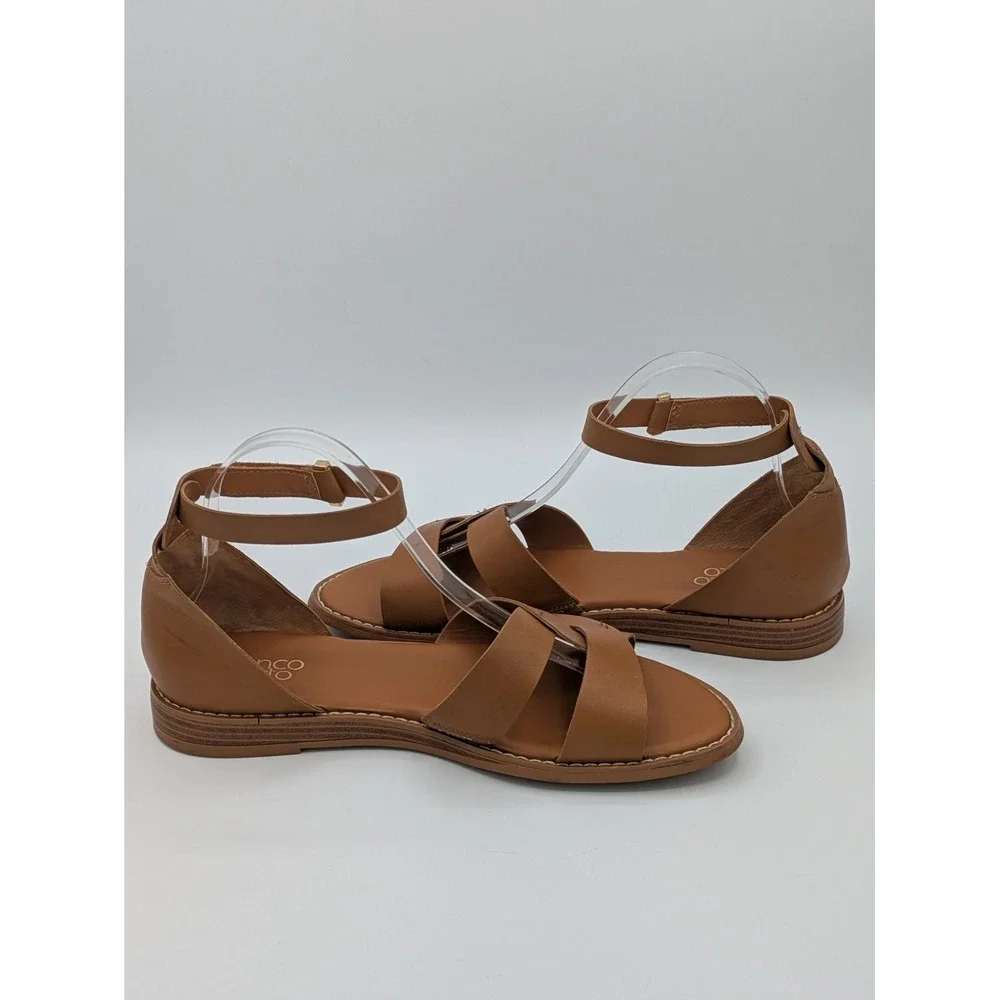 Franco Sarto Sandals 9 Tan Leather Ankle Strap Flat Minimalist Boho Summer - Picture 5 of 15